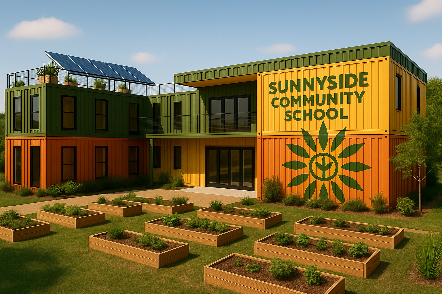 School building with garden beds